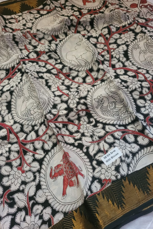 Alternative view of Kalamkari Mangalagiri silk Kanchi border saree