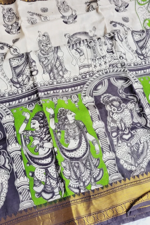 Alternative view of Kalamkari Mangalagiri silk Kanchi border saree- green nataraj