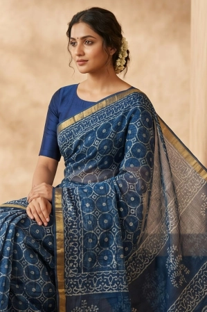 Blockprinted Kota cotton saree - indigo