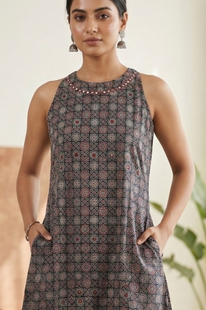 Ajrakh cotton Kurta set - Mirror Work Halter Neck