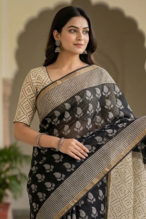 Blockprinted Kota cotton saree